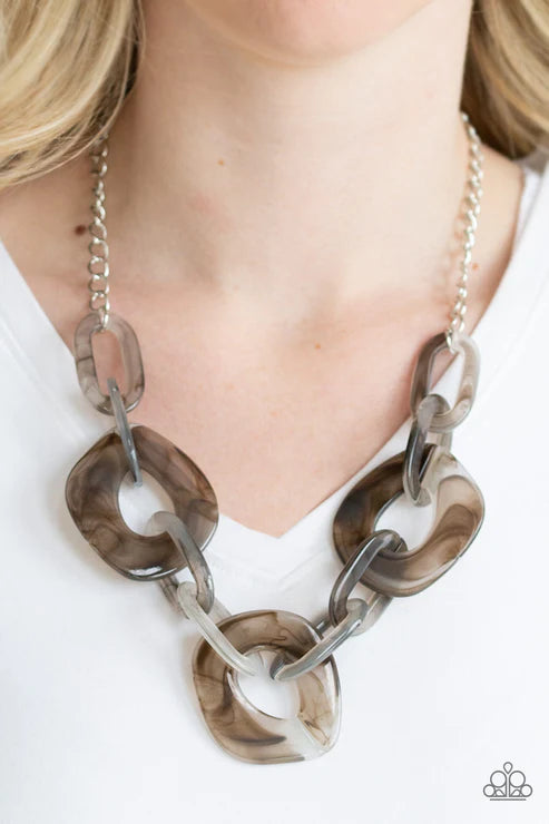 Courageously Chromatic - Smoky Silver Marble Connected Link Necklace N#3117