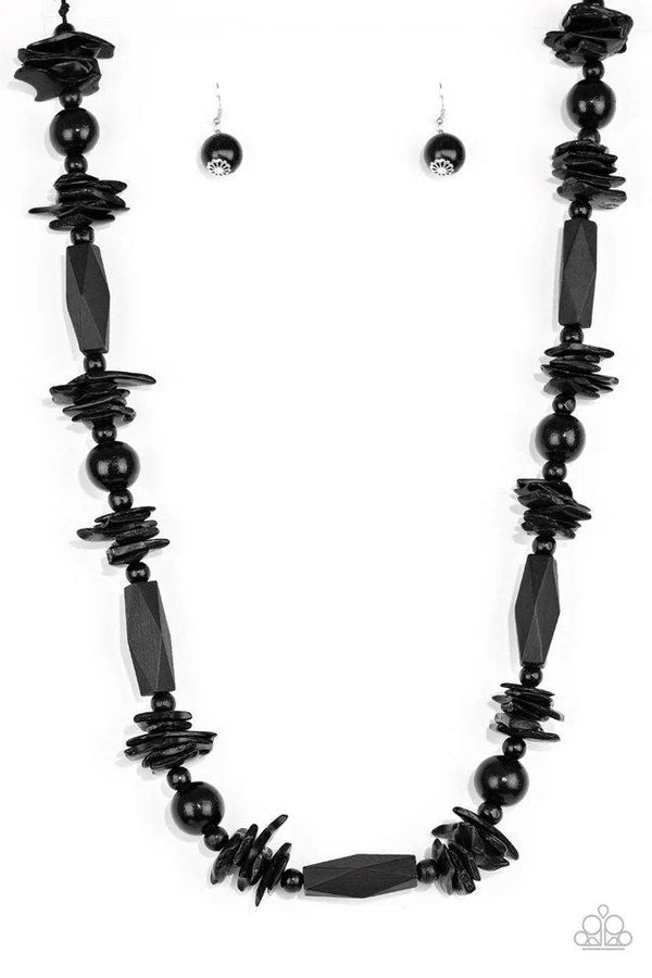 Cozumel Coast - Oversized Black Round/Faceted/Distressed Mismatched Wooden Beads Shiny Brown Cording Earthy Accents Summery Palette Adjustable Sliding Knot Closure Necklace N#7010
