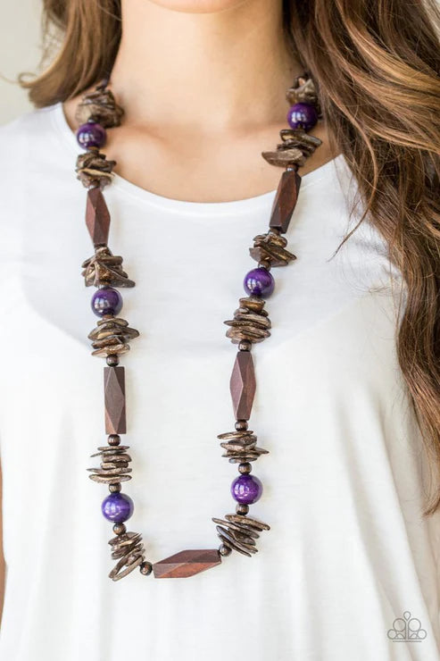 Cozumel Coast - Oversized Purple/Brown Round/Faceted/Distressed Mismatched Wooden Beads Shiny Brown Cording Earthy Accents Summery Palette Adjustable Sliding Knot Closure Necklace N#4946