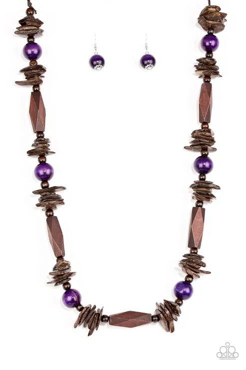 Cozumel Coast - Oversized Purple/Brown Round/Faceted/Distressed Mismatched Wooden Beads Shiny Brown Cording Earthy Accents Summery Palette Adjustable Sliding Knot Closure Necklace N#4946