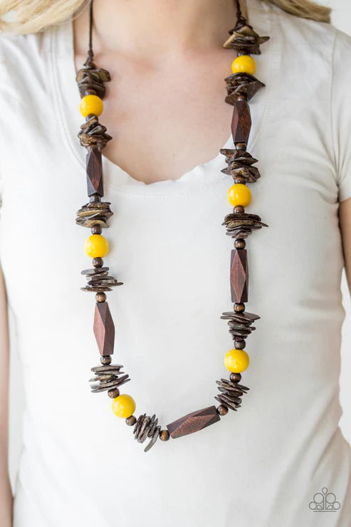 Cozumel Coast - Oversized Yellow/Brown Round/Faceted/Distressed Mismatched Wooden Beads Shiny Brown Cording Earthy Accents Summery Palette Adjustable Sliding Knot Closure Necklace N#4841