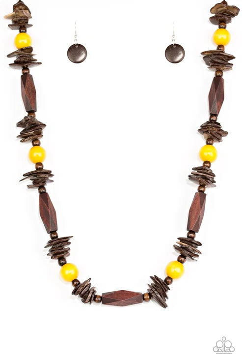 Cozumel Coast - Oversized Yellow/Brown Round/Faceted/Distressed Mismatched Wooden Beads Shiny Brown Cording Earthy Accents Summery Palette Adjustable Sliding Knot Closure Necklace N#4841