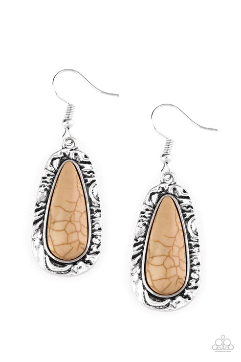 Cruzin Colorado - Brown Stone Hammered Teardrop Earrings E#3810