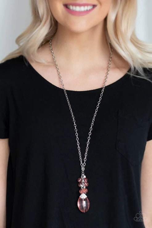 Crystal Cascade - Orange (Coral) Glassy Crystal Accent Necklace N#4412