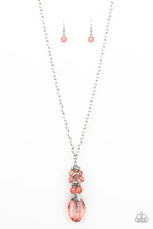 Crystal Cascade - Orange (Coral) Glassy Crystal Accent Necklace N#4412