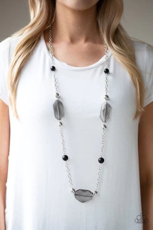 Crystal Charm - Oversized Black Glassy Faceted Crystal Necklace N#3261
