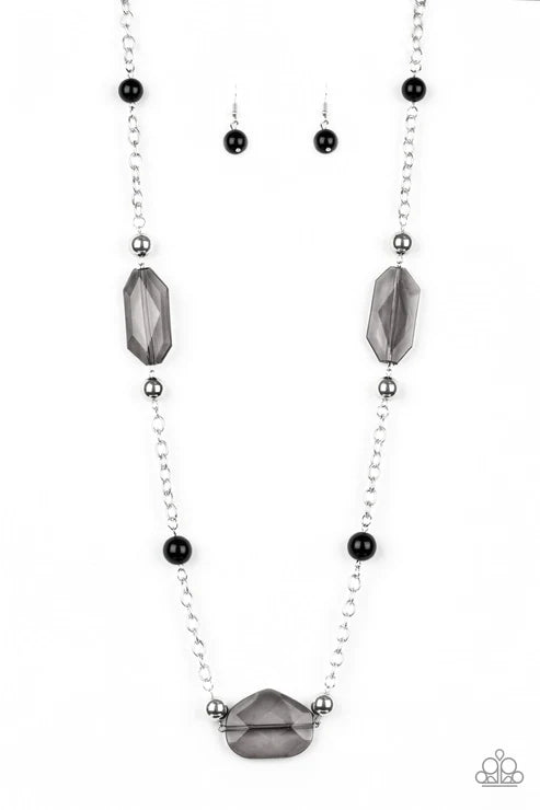 Crystal Charm - Oversized Black Glassy Faceted Crystal Necklace N#3261