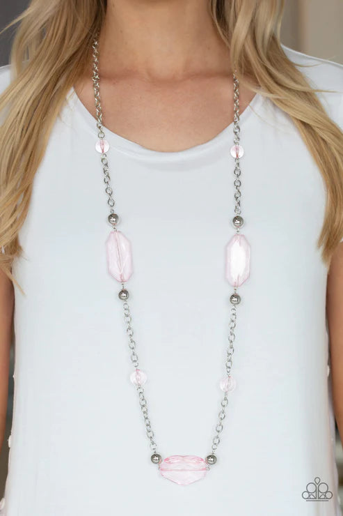 Crystal Charm - Oversized Pink Glassy Faceted Crystal Necklace N#3541