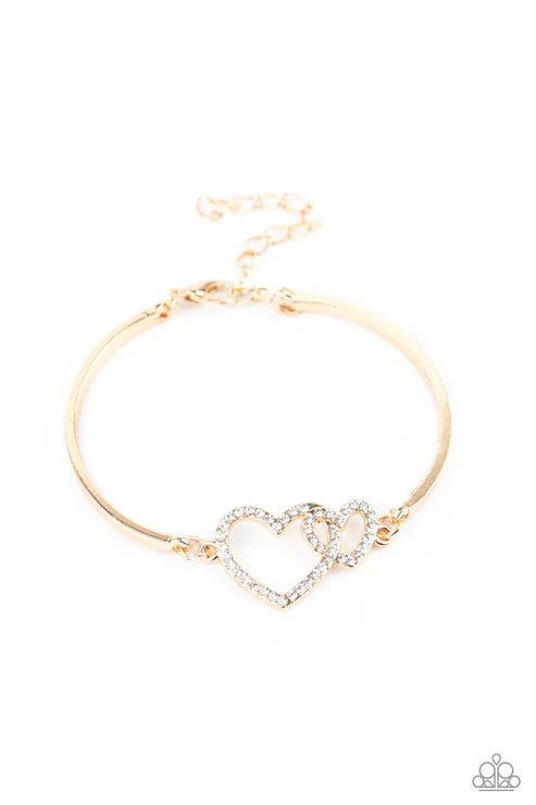 Cupid is Calling - Gold 3D Heart Cupid Interlocked Encrusted Bracelet B#4908
