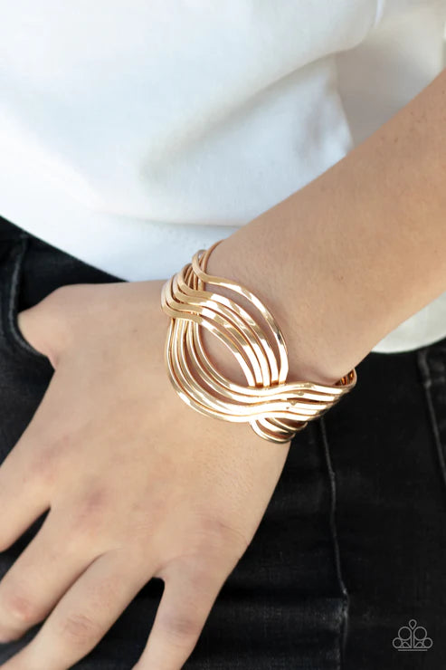 Curvaceous Curves - Oversized Gold Curvy/Flat Bars Weaved Stacked Cuff Bracelet B#4747
