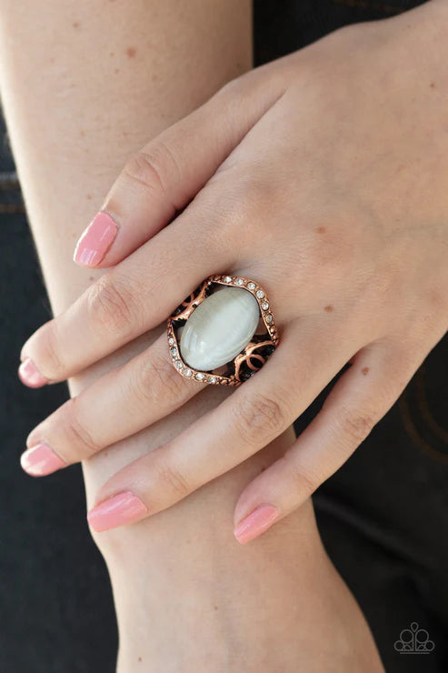 DEW Onto Others - Oversized Copper/White Dotted Encrusted Cat's Eye Moonstone Ring R#5681