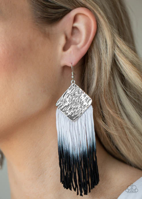 DIP The Scales - Oversized Black (Black/White) Dipped Hammered Fringe Earrings E#2690
