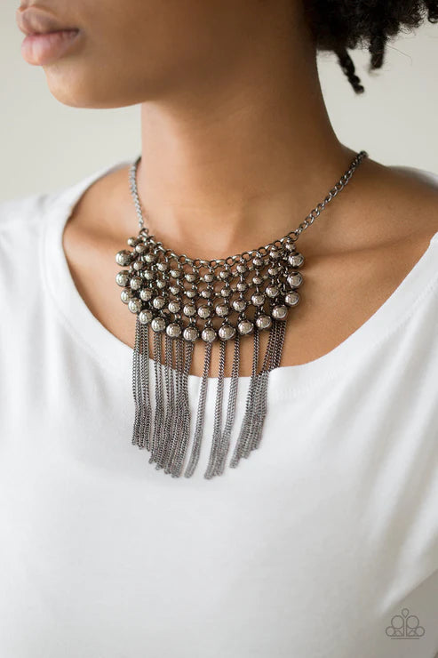 DIVA-de and Rule - Black/Gunmetal Interlocked Net Cain Stream Fringe Necklace N#3204