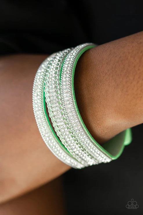 Dangerously Drama Queen - Green Trio Spliced Encrusted Chains Suede Bracelet B#4671
