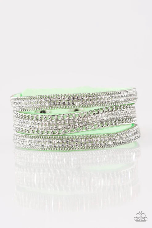Dangerously Drama Queen - Green Trio Spliced Encrusted Chains Suede Bracelet B#4671