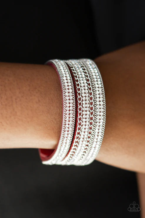Dangerously Drama Queen - Red Trio Spliced Encrusted Chains Suede Bracelet B#4216