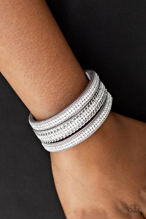 Dangerously Drama Queen - Silver Trio Spliced Encrusted Chains Suede Bracelet B#3774