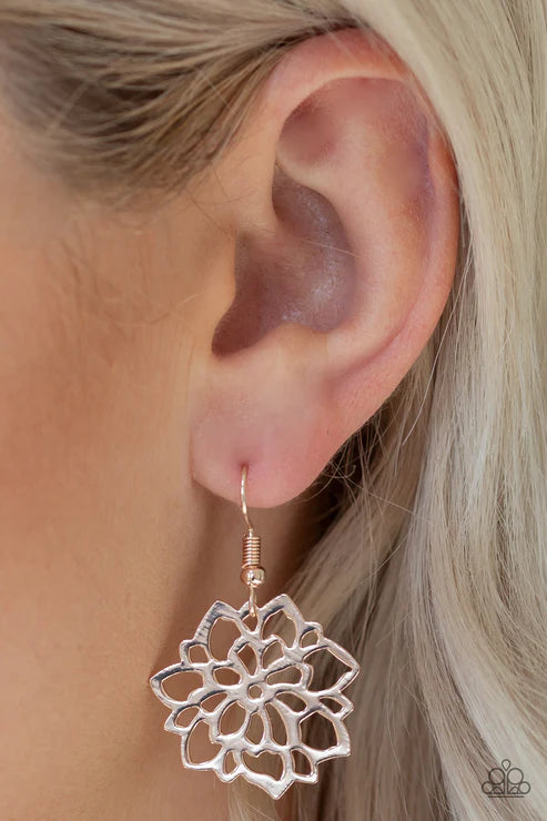 Darling Dahlia - Rose Gold High-Sheen 3D Rose Blossom Burst Filigree Earrings E#4723