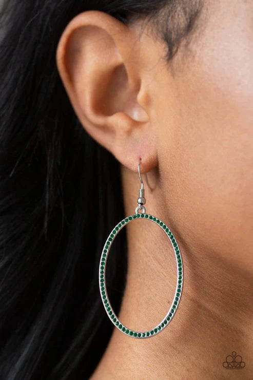 Dazzle On Demand - Oversized Green Airy Encrusted Hoop Earrings E#6028