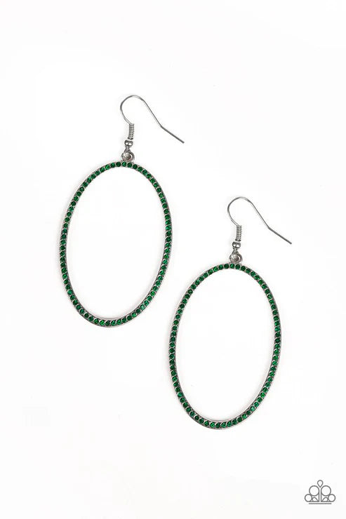 Dazzle On Demand - Oversized Green Airy Encrusted Hoop Earrings E#6028