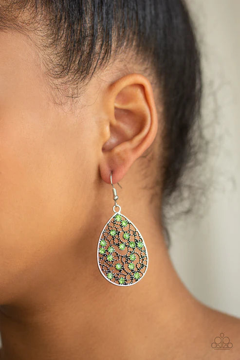 Dazzling Dew - Oversized Green Dotted Encrusted Vine Swirl Filigree Teardrop Earrings E#6040