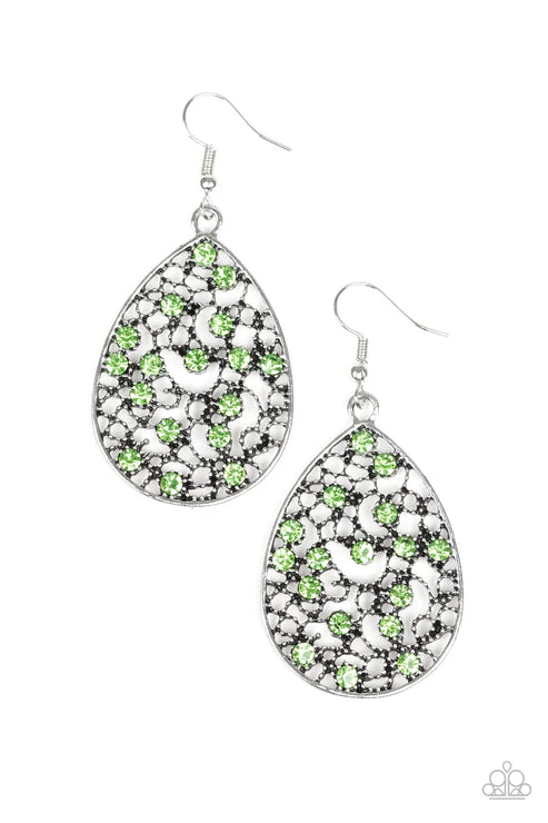 Dazzling Dew - Oversized Green Dotted Encrusted Vine Swirl Filigree Teardrop Earrings E#6040