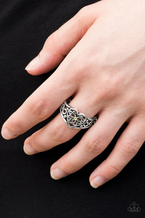 Dearly Beloved - Yellow Ornate Vintage 3D Heart Dotted Encrusted Ring R#6425