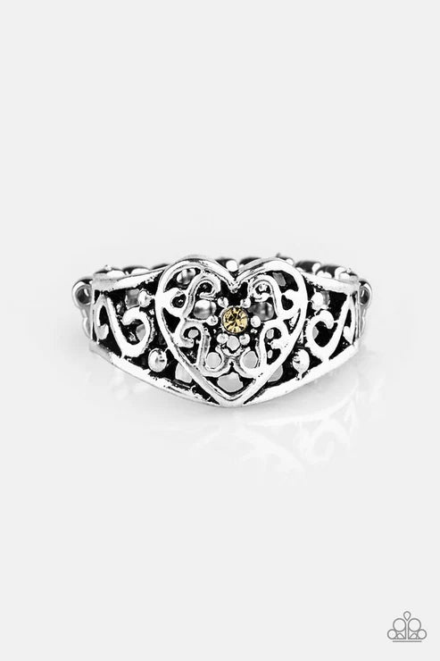 Dearly Beloved - Yellow Ornate Vintage 3D Heart Dotted Encrusted Ring R#6425