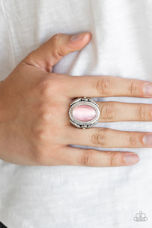 Deep Freeze - Oversized Pink Floral Sides Filigree Cat's Eye Moonstone Ring R#6409