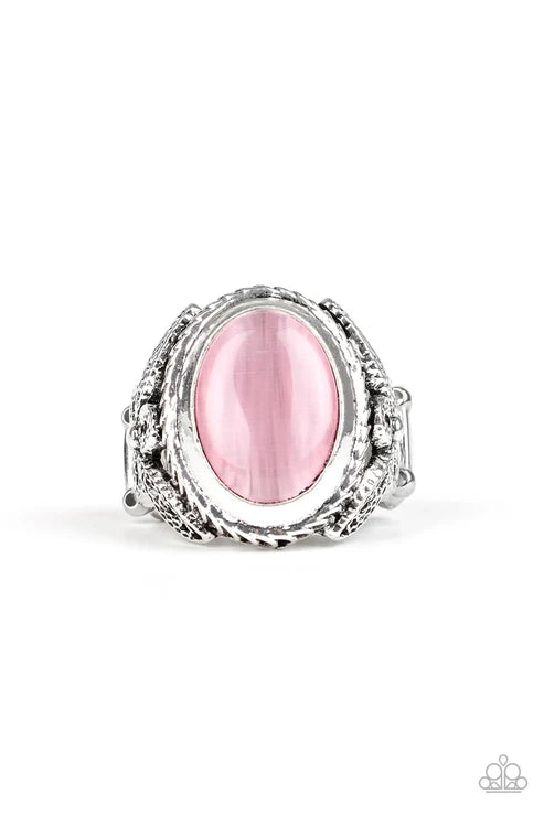 Deep Freeze - Oversized Pink Floral Sides Filigree Cat's Eye Moonstone Ring R#6409