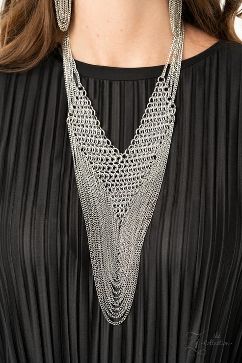 Zi Collection- Defiant - Oversize Silver Suspended V-Mesh Net Necklace  ZI#5509
