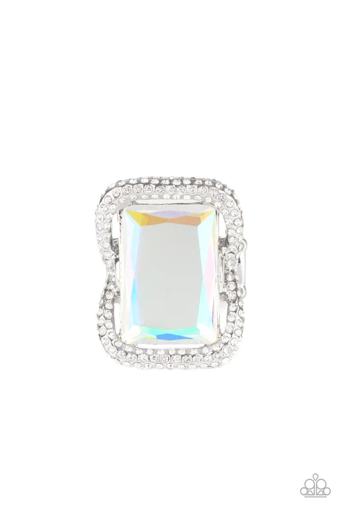 Deluxe Decadence - Oversized Multi Iridescent Rounded/Square Nestled Regal Emerald Cut Encrusted Ring R#6005