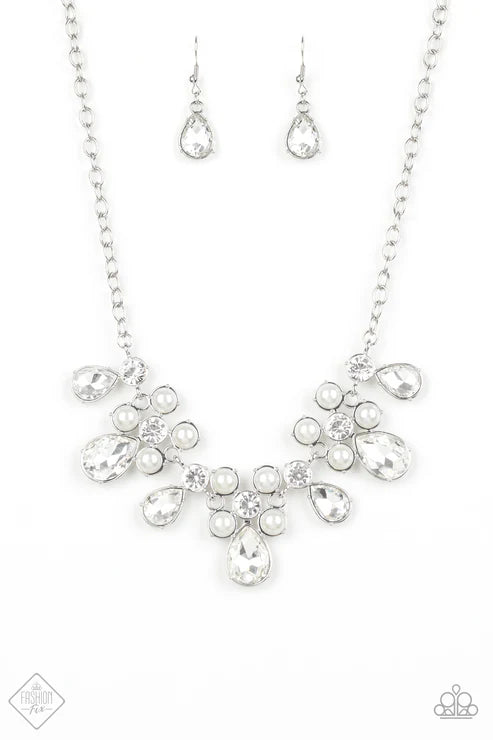 Demurely Debutante - White Round/Dramatic Teardrop-shaped Encrusted Fan Out Dazzling Pearls Clusters Necklace N#7437