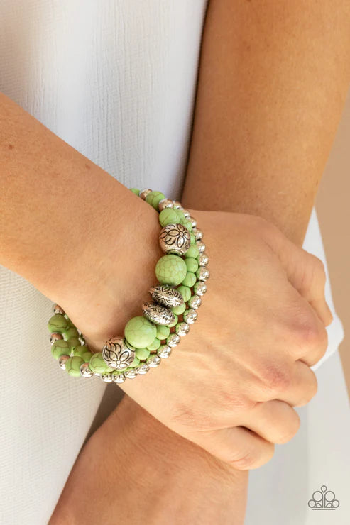 Desert Blossom - Green/Silver Mismatched Floral Accent Stone Bracelet Stack B#2533