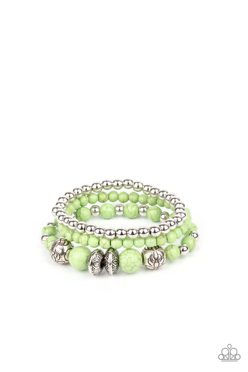 Desert Blossom - Green/Silver Mismatched Floral Accent Stone Bracelet Stack B#2533