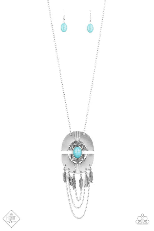 3-Piece Oversized Blue Antiqued 3D Feather Dangle Chains Tribal Pendant Stacked Fanning Texture Stone Set SET#6653