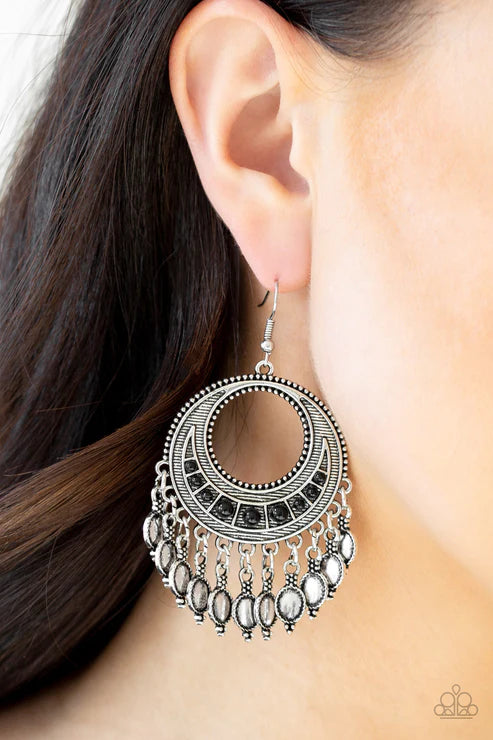 Desert Divinity - Oversized Black Dotted Linear Textured Ornate Hoop Embossed Half-Moon Decorative Fringe Earrings E#5411