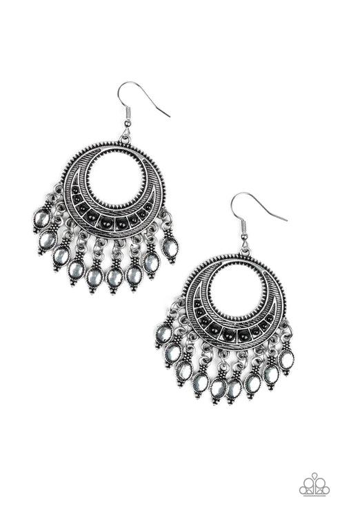 Desert Divinity - Oversized Black Dotted Linear Textured Ornate Hoop Embossed Half-Moon Decorative Fringe Earrings E#5411