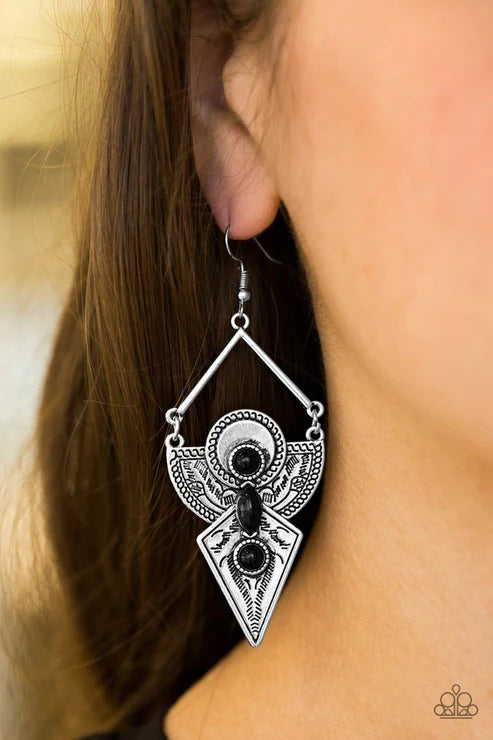 Desert Dynasty - Oversized Black/Silver Stamped Tribal Patterns Duo Brass Plates Triangular Bar Lure Earrings E#2898