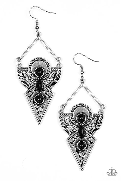 Desert Dynasty - Oversized Black/Silver Stamped Tribal Patterns Duo Brass Plates Triangular Bar Lure Earrings E#2898