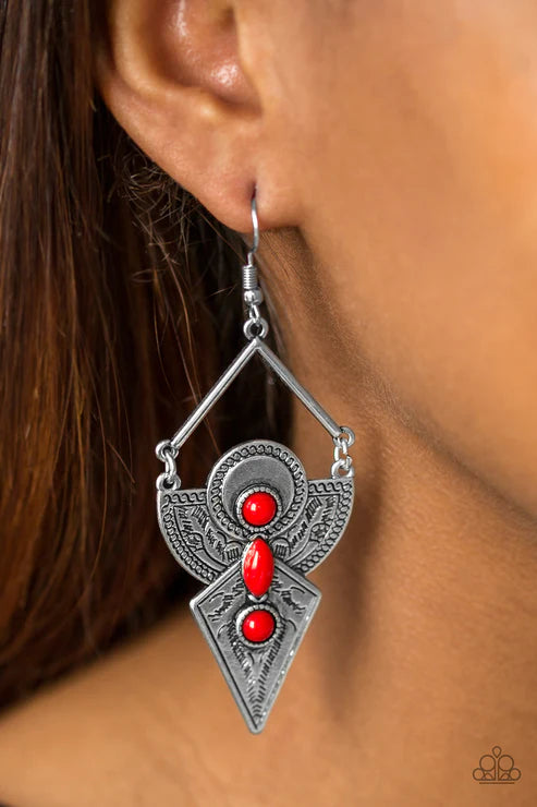 Desert Dynasty - Oversized Red/Silver Stamped Tribal Patterns Duo Brass Plates Triangular Bar Lure Earrings E#2897