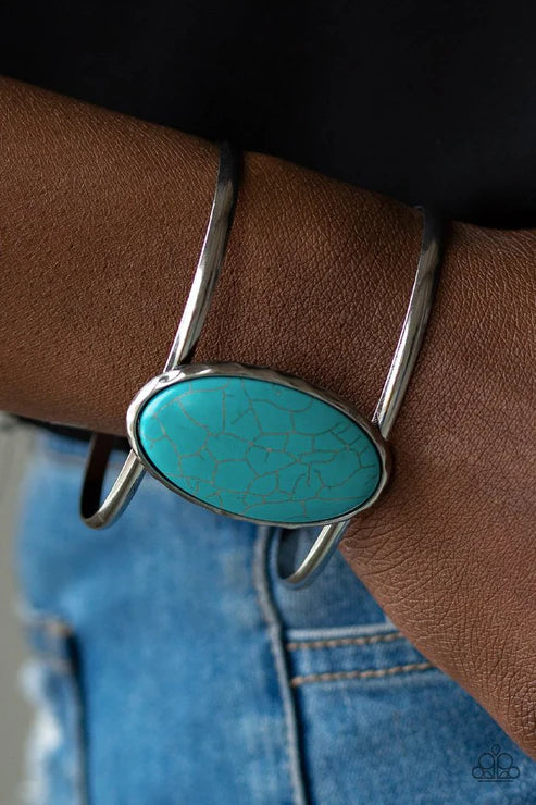 Desert Empress - Oversized Blue Airy Tranquil Oval Stone Hammered Cuff Bracelet B#6332
