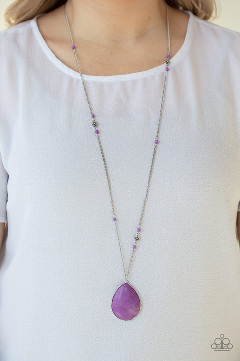 Desert Meadow - Oversized Purple/Silver 3D Flower Accent Stone Teardrop Necklace N#4457