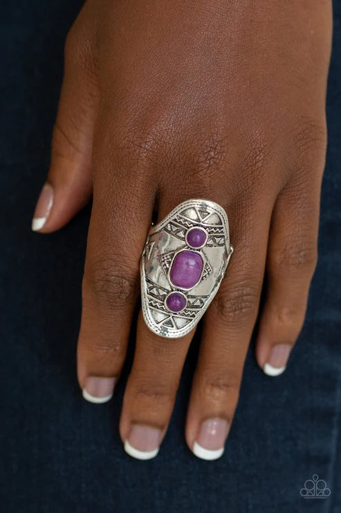 Desert Paint - Oversized Purple Trio Dotted Ornate Stamped/Embossed Tribal Stone Ring R#1267