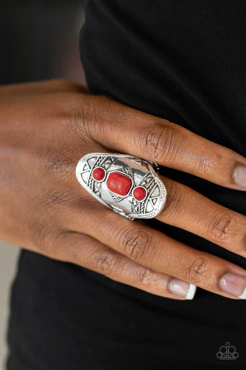 Desert Paint - Oversized Red Trio Dotted Ornate Stamped/Embossed Tribal Stone Ring R#5799