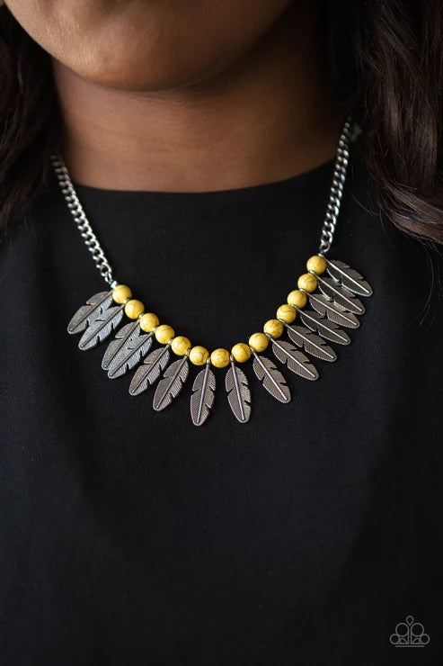 Desert Plumes - Sunny Yellow Stone 3D Feather Fringe Necklace N#2732