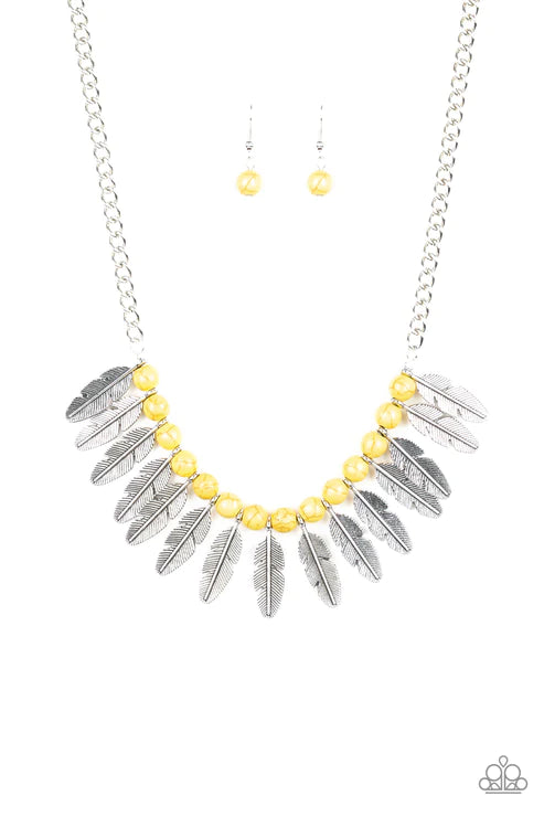Desert Plumes - Sunny Yellow Stone 3D Feather Fringe Necklace N#2732
