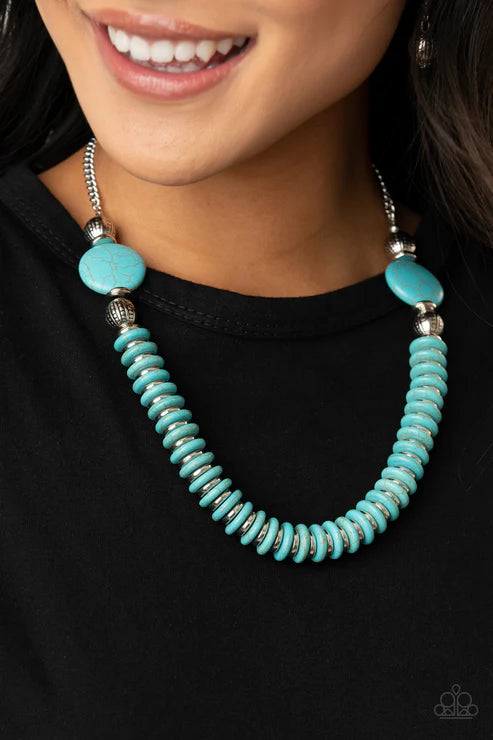 Desert Revival - Blue/Silver Stone Flanked Hammered Discs Accent Necklace N#7401