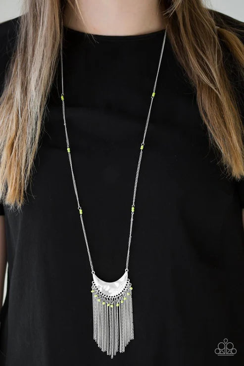 Desert Trance - Green Hammered Tribal Crescent Fringe Necklace N#6535