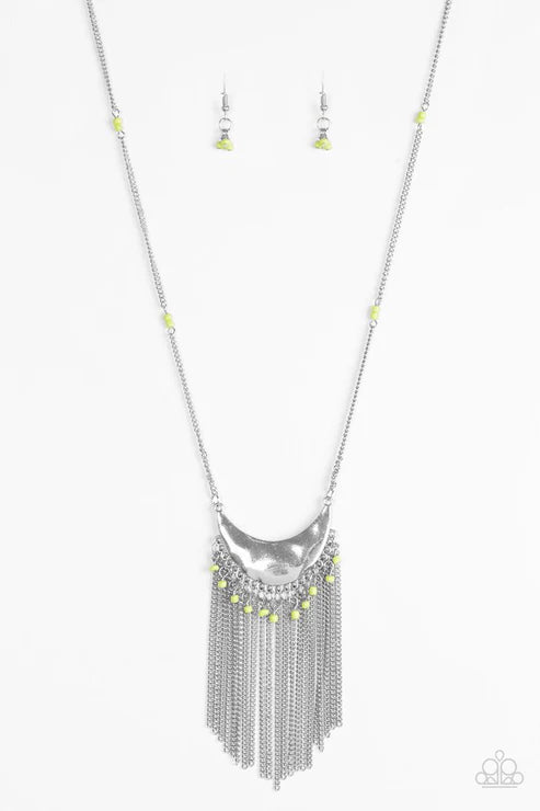 Desert Trance - Green Hammered Tribal Crescent Fringe Necklace N#6535